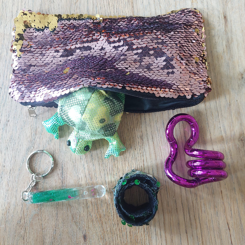 glitter etui met fidgets: mini zanddier, toverstaf sleutelhanger, tangles, paijetten armband