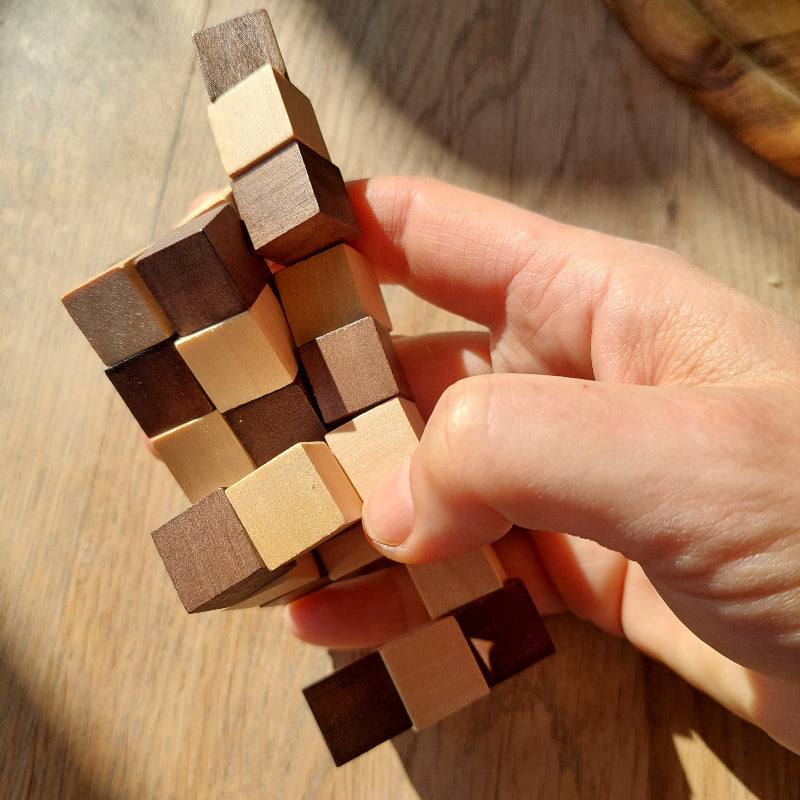 houten pocketpuzzel, tweekleuren hout puzzel slang in hand op houten tafel, sfeer foto, motoriekspeelgoed
