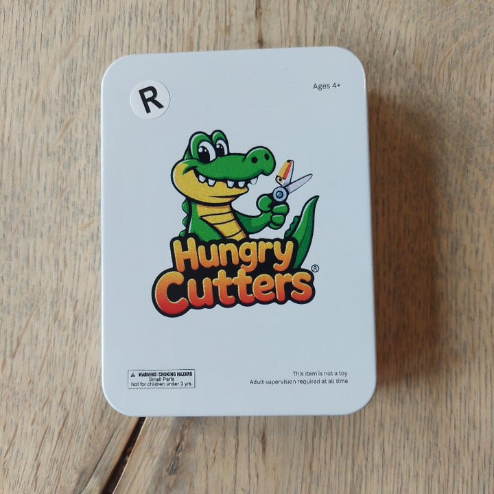 blikje van hungry cutter met 10 schaar magneetjes, schaarmagneten, leren knippen