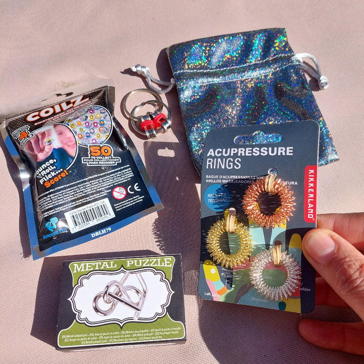 set met acupressur ringen van kikkerland, iq puzzel van metal, coilz en chain, sensoriek set