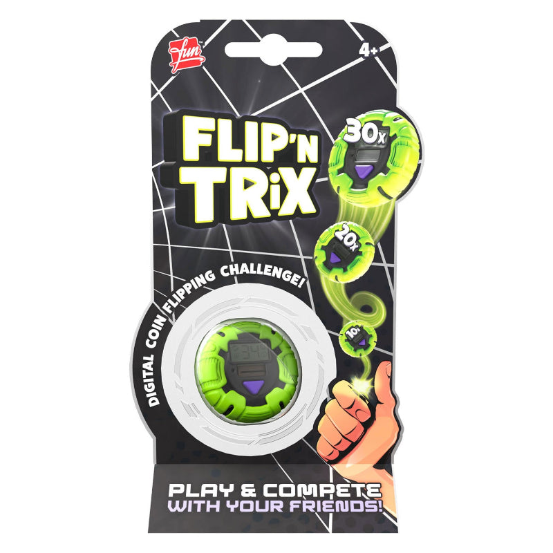 Verpakking van Flip N Trix waarop het kop-of-munt spel en de interactieve munt duidelijk zichtbaar zijn.