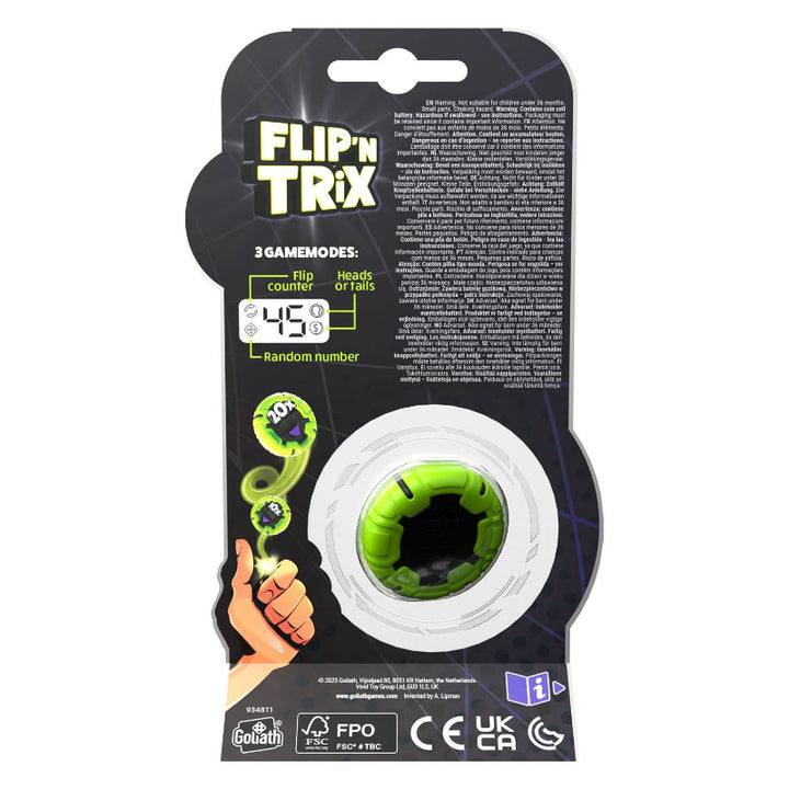 Achterzijde van de Flip N Trix verpakking met uitleg over het spel, de verschillende speelvariante