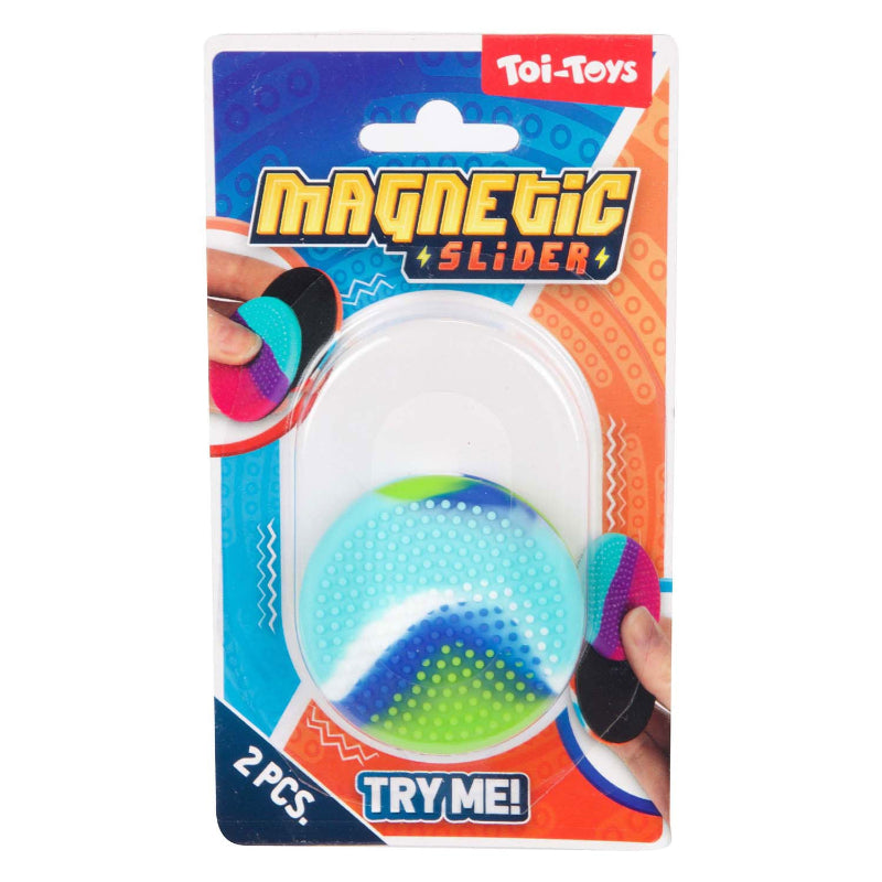 magnetic slider, fidget slider, magnetische slider blauw groen in verpakking van toi-toys