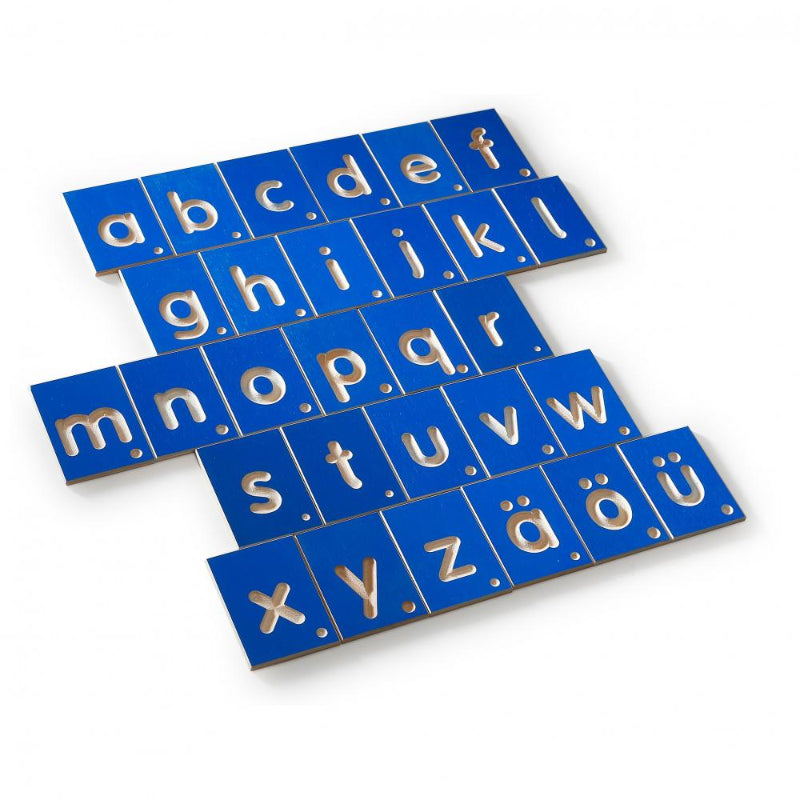 Erzi Lernspiel kleinbuchstaben houten letters overzicht op een rij, sensoriek materiaal, basisschool, duurzaam