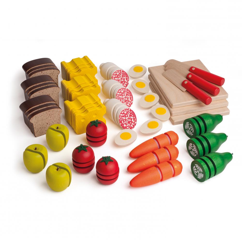 Set aus Schnittgrün, Obst und Brot