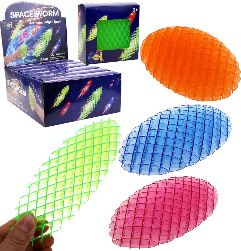spaceworm fidget, morph worm, vier kleuren in verpakking en met hand, overzicht plaatje, fidget speelgoed