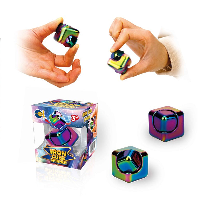 iron cube spinner in verpakking, losen in handen, motoriekspeelgoed