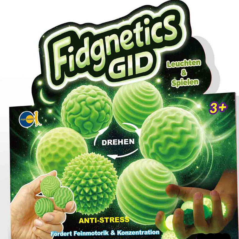 fidgnetics gid leuchten und spielen, drehen, antistress, förtert feinmotorik und konzentration, verpakkings details