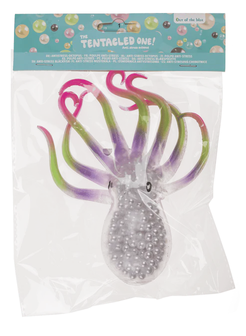 Sensorische octopus stressbal met parelmoer pareltjes, in verpakking, tentacled one, kaka quetschball