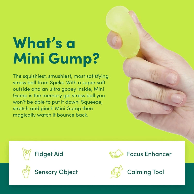 mini gump uitlege van speks, wat is een mini gum. groenee bal in hand  plus uitleg tekst