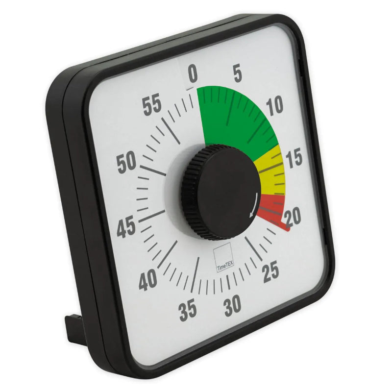 Tijdklok in zijaanzicht met uitgeklapte standaard, waardoor de klok stabiel op tafel of bureau kan staan tijdens zelfstandig werken of groepsopdrachten.