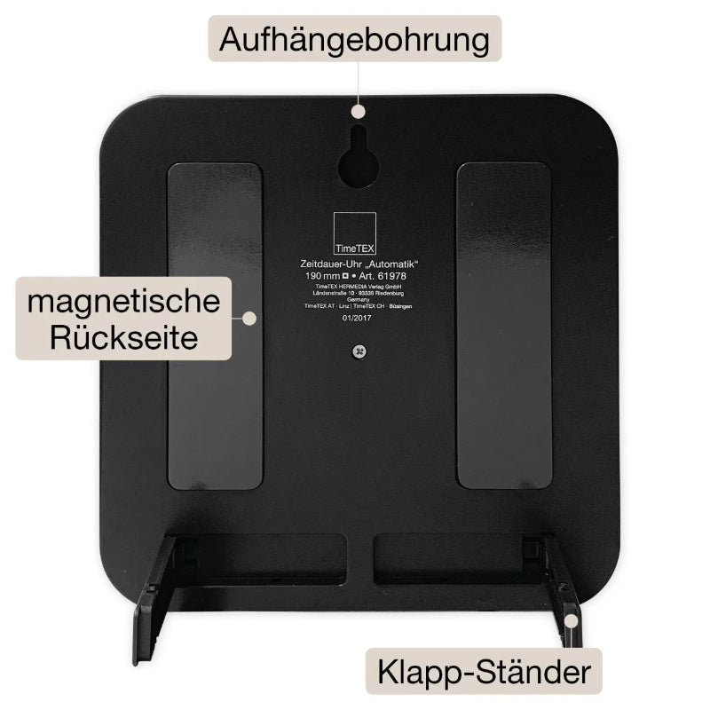 Achterzijde van de tijdklok met magneet, ophangmogelijkheid en stevige behuizing, geschikt voor flexibel gebruik in klas of thuis.