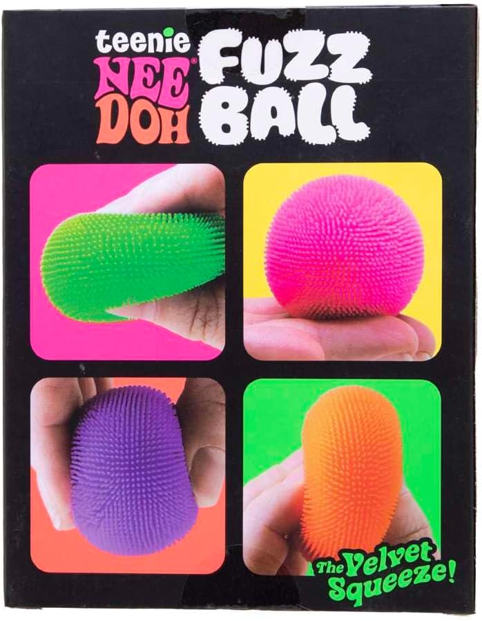 Achterkant van de verpakking van de NeeDoh Teenie Fuzz Ball set met productinformatie en illustraties