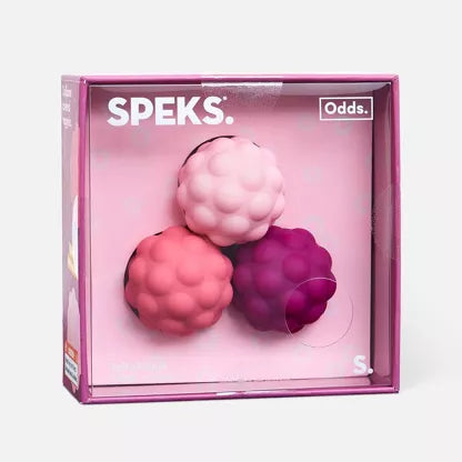 SPEKS Odds roze fidget ballen met grote noppen in verpakking, set van drie zichtbaar in doos