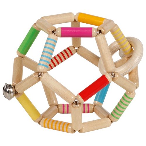 Houten grijpspeelbal met belletje en houten ringm duurzaam, made in Germany, ideaal voor jonge kinderen omdat hij licht is