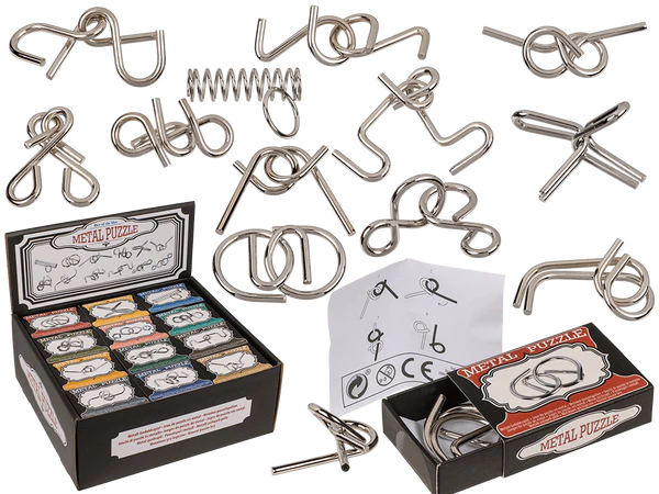 voorbeeld van alle puzzels, worden random geleverd, metal puzzel is doosjes