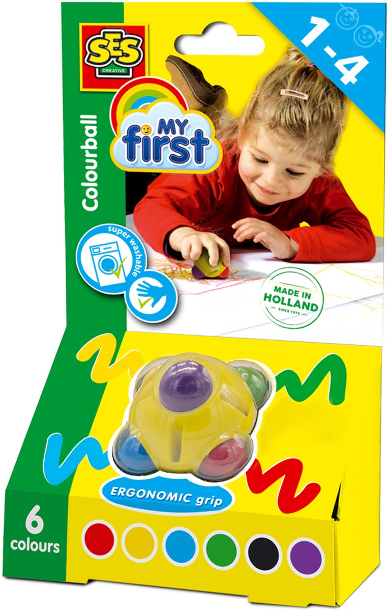 My First Kleurbal van SES Creative in verpakking, met zes vrolijke kleuren