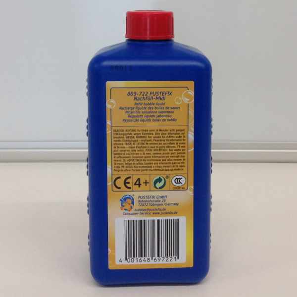 Achterkant verpakking Pustefix bellenblaas navulling 500 ml met productinformatie en gebruiksadvies