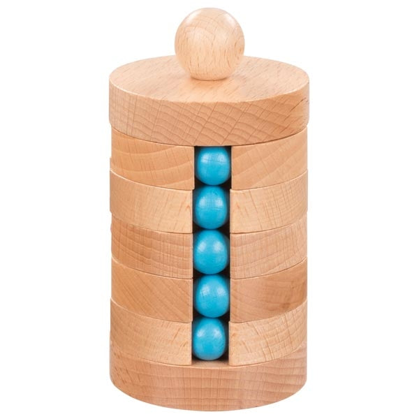 kogeltoren van goki, houten geduldsspel, kleuren soorteren, oplossing met blauw, motoriekspeelgoed