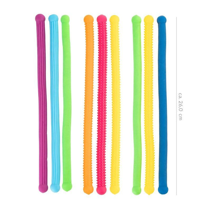Overzicht van de drie kleursets Space Adventure stretch snoeren naast elkaar – blauw groen geel, pink oranje geel en lichtblauw lila groen