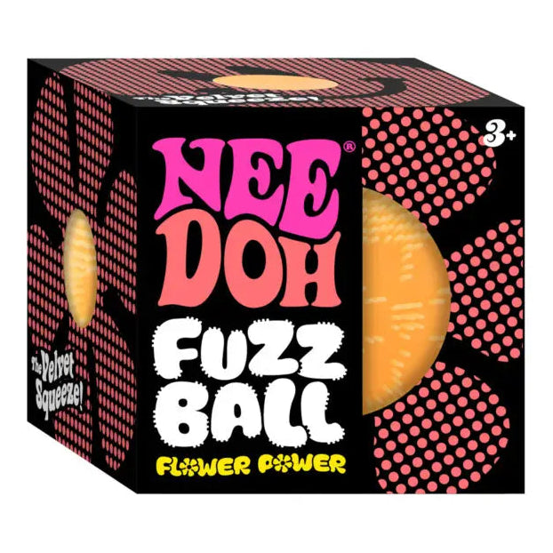 needoh fuzz ball flower power, zachte en lichte antistressbal, oranje in verpakking, sensoriek fidget