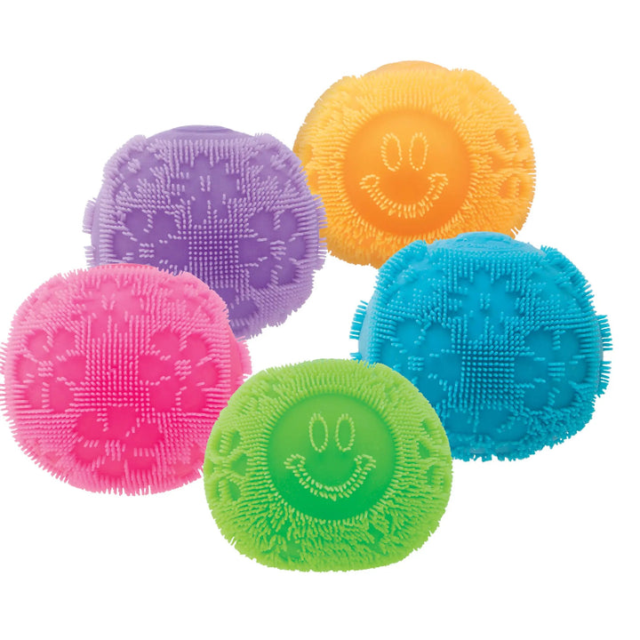 alle 5 kleuren van de needoh fuzz flower power, zachte en lichte antistressball