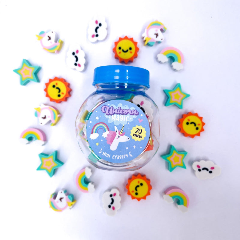 unicorn, mini erasers 20 stuks in mini pot, mini gummetjes voor fijne motoriek spellen