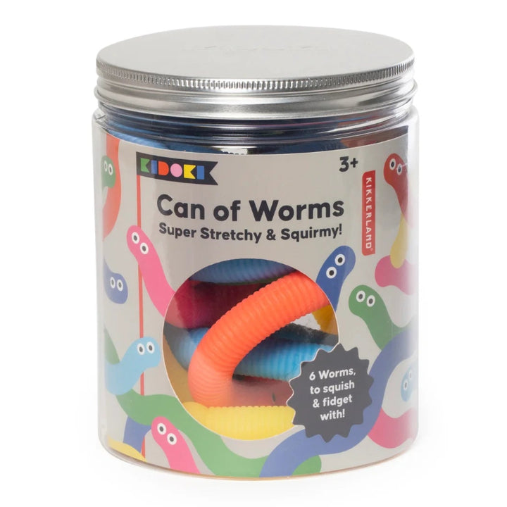 Set van 6 stretch worm fidget snoertjes in verschillende kleuren in verpakking, can of worms kidoki, senosoriek fidget