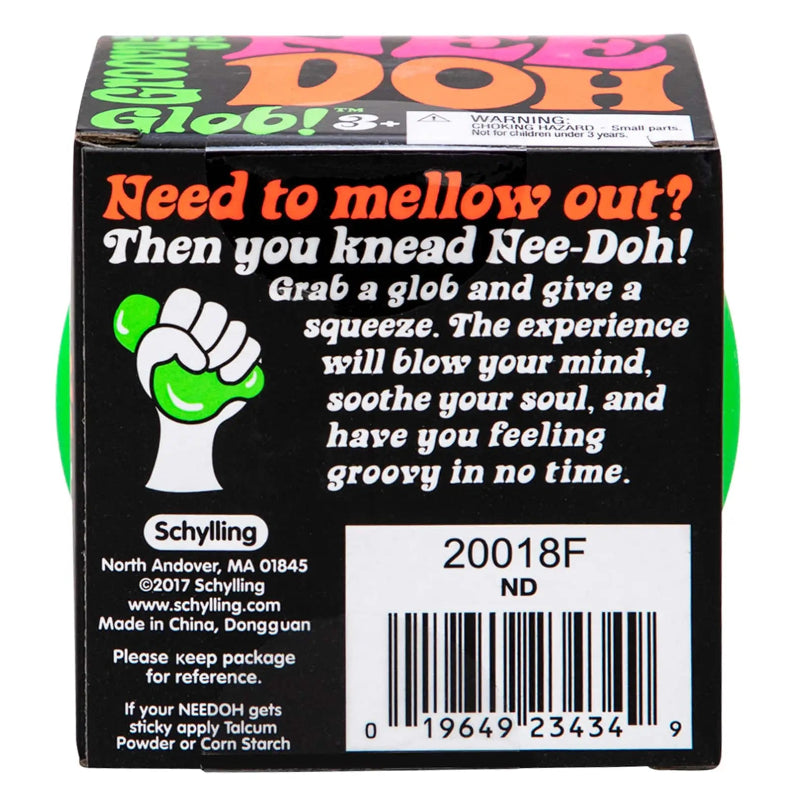 achterkant van de verpakking van de groovy glob van needoh met product informatie, schylling fidget Toys42hands