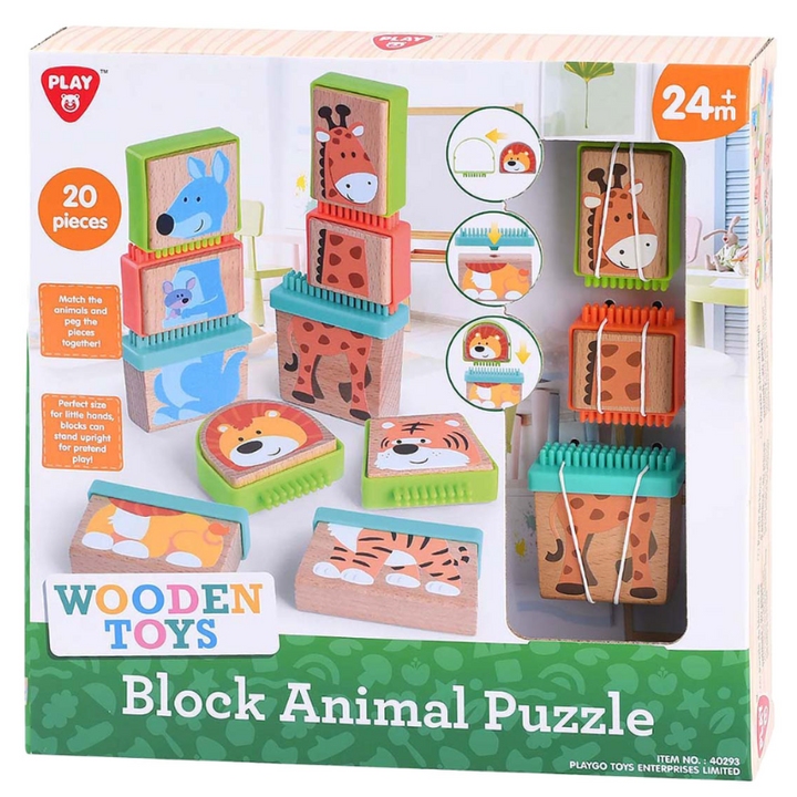Houten dieren steekblokken in verpakking met dierenhoofden, lichamen en benen, block animial puzzle van wooden toys, van play, via Toys42hands