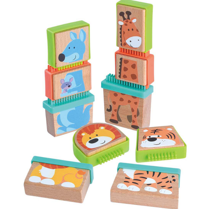 Losse houten  steekblokken met dieren, giraf, kangaroe, leeuw en tiger. kunststof noppen om dieren te combineren, motoriekspeelgoed , Toys42hands