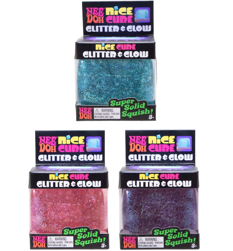 Nice Cube Needoh glitter roze paars blauw in verpakking, fidget van nee doh