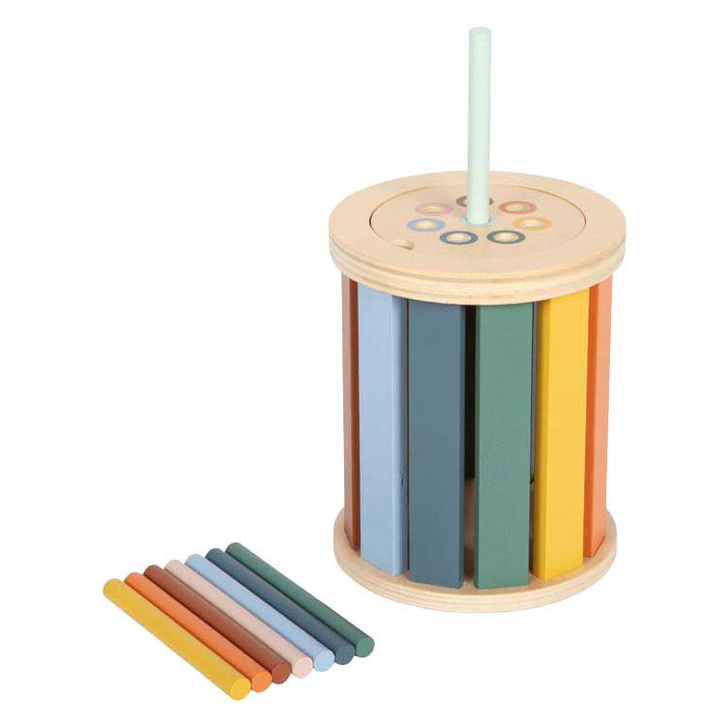 houten Montessori sorteerspel met stokjesdeksel en gekleurde houten staafjes