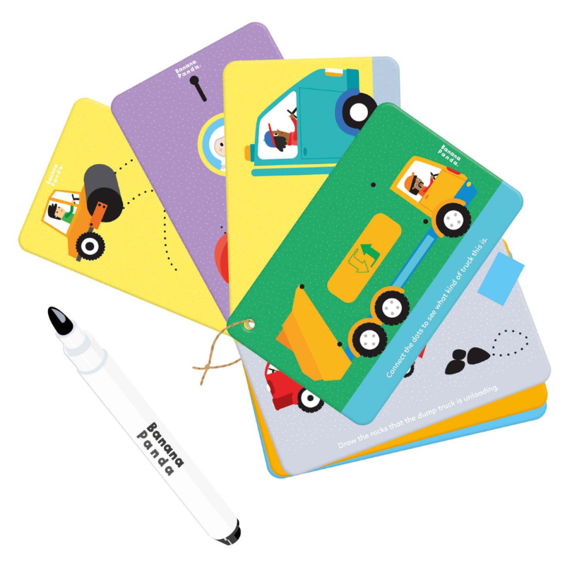 Banana Panda schrijf- en wisboek kaarten  met kleurrijke voertuigkaarten en uitwisbare opdrachten. Kinderen oefenen fijne motoriek, pengreep en grafomotorische vaardigheden.