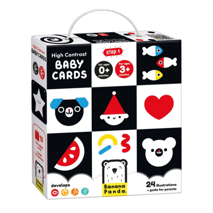 baby cards, zwart wit contrast kaarten van banana panda, sensoriek materiaal, visuel speelgoed