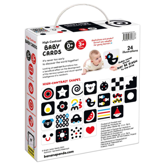 achterkant verpakking van baby cards, banana panda, high ontrast