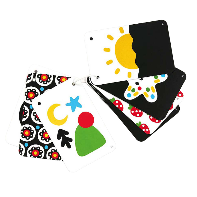 zwart wit contrast kaarten van banana panda, sensoriek materiaak, visuel speelgoed, 