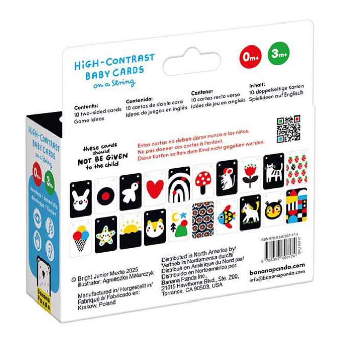 achterkant verpakking banana panda high contrast cards, si materiaal, visuel baby contrast kaarten