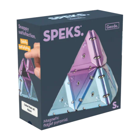 Speks Geode Pyramid Nova in verpakking met chrome paarse gradient fidget set