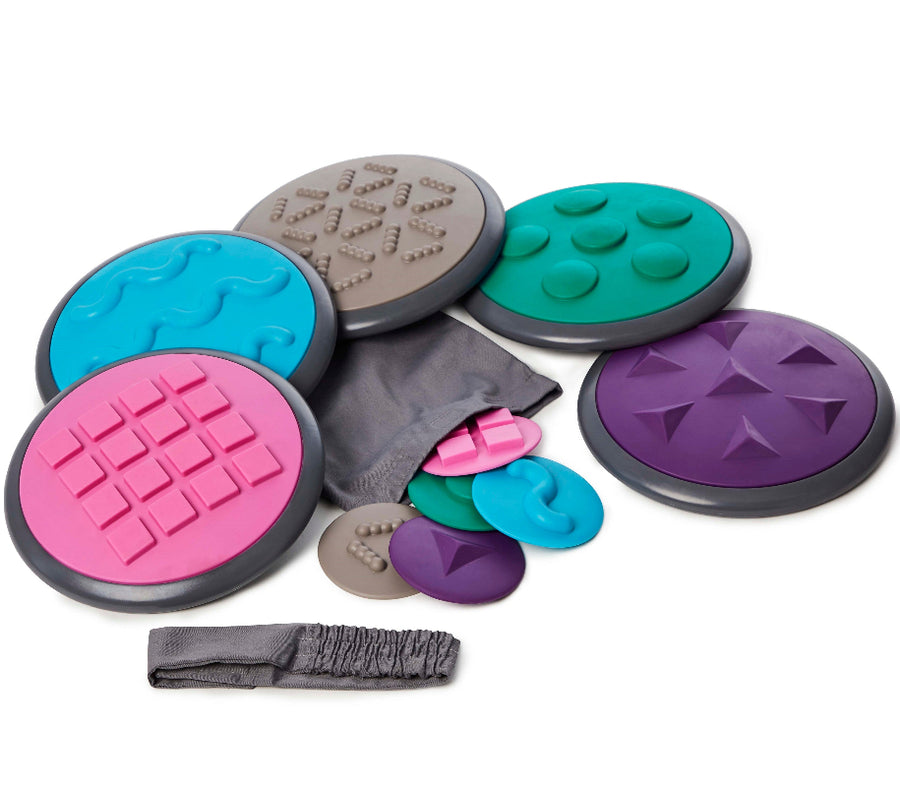 Tactiele schijven pastel van gonge, sensoriek, verschillende structuren, blotevoetenpad en bijhorende kleine handschijven