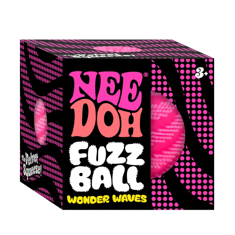 needoh fuzz ball wonder waves, verpakking roze sensoriek bal, fidget bal van needoe