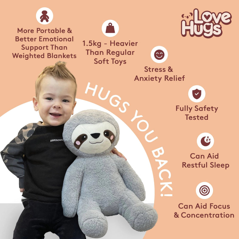 love hugs zware knuffel made in eu, made in engeland, knuffel met gewicht in armen, benen en lichaam, voor een sensorische knuffel