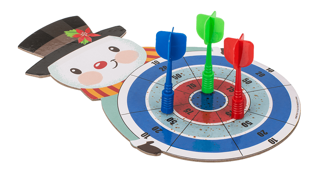 Kerst magneet dartbord met sneeuwpop en magneetpijltjes, liggend gebruikt, grove motoriek en rekenvaardigheden