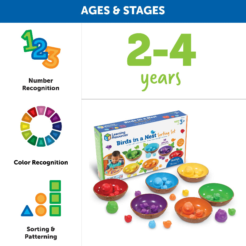 aantal herkennen, kleur herkenning, sorteren met birds in a nest van learning resourves, van 2-4 jaar, fijne motoriek