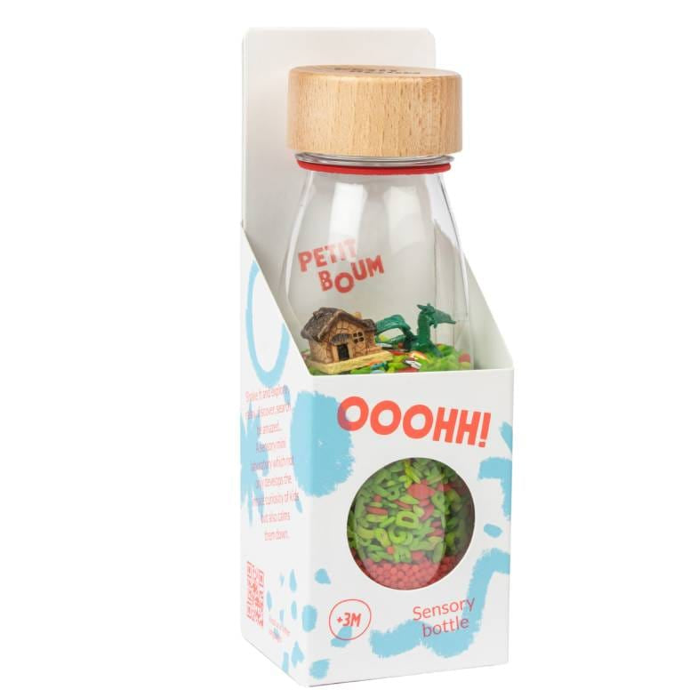 sound bottle dragon, sensorisch fles met geluid, si materiaal