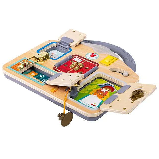 Hape Lock & Learn Playboard met geopende deurtjes en zicht op de kleurrijke speelelementen binnenin

