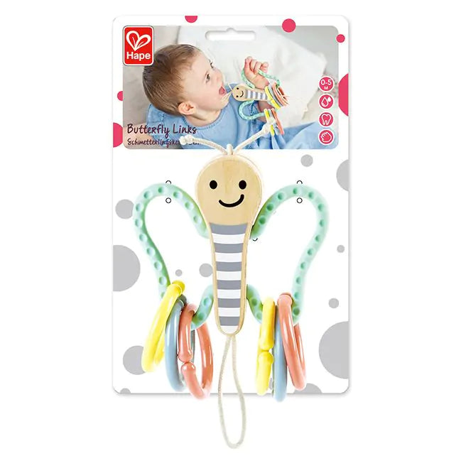 hape butterfly with links, schmetterling met ketten links, veelzijdig motoriekspeelgoed, babyspeelgoed