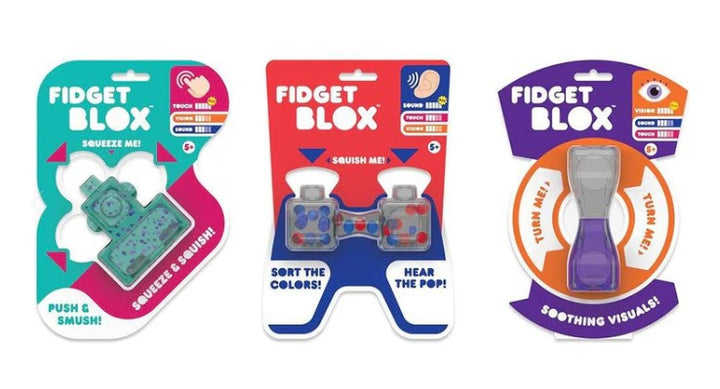 drie soorten fidget blox, touch, sound, visuel