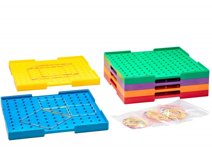 Geoboard groot set 6 stuks 23x23 cm in 6 kleuren met 11x11 noppenraster , motoriekspeelgoed, toys42hands