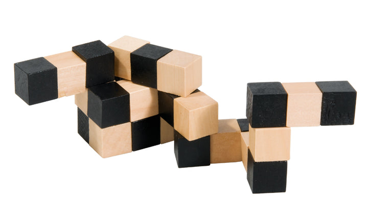 Slangenkubus houten puzzel in zwart-natuurlijke tinten – breinpuzzel voor kinderen en volwassenen